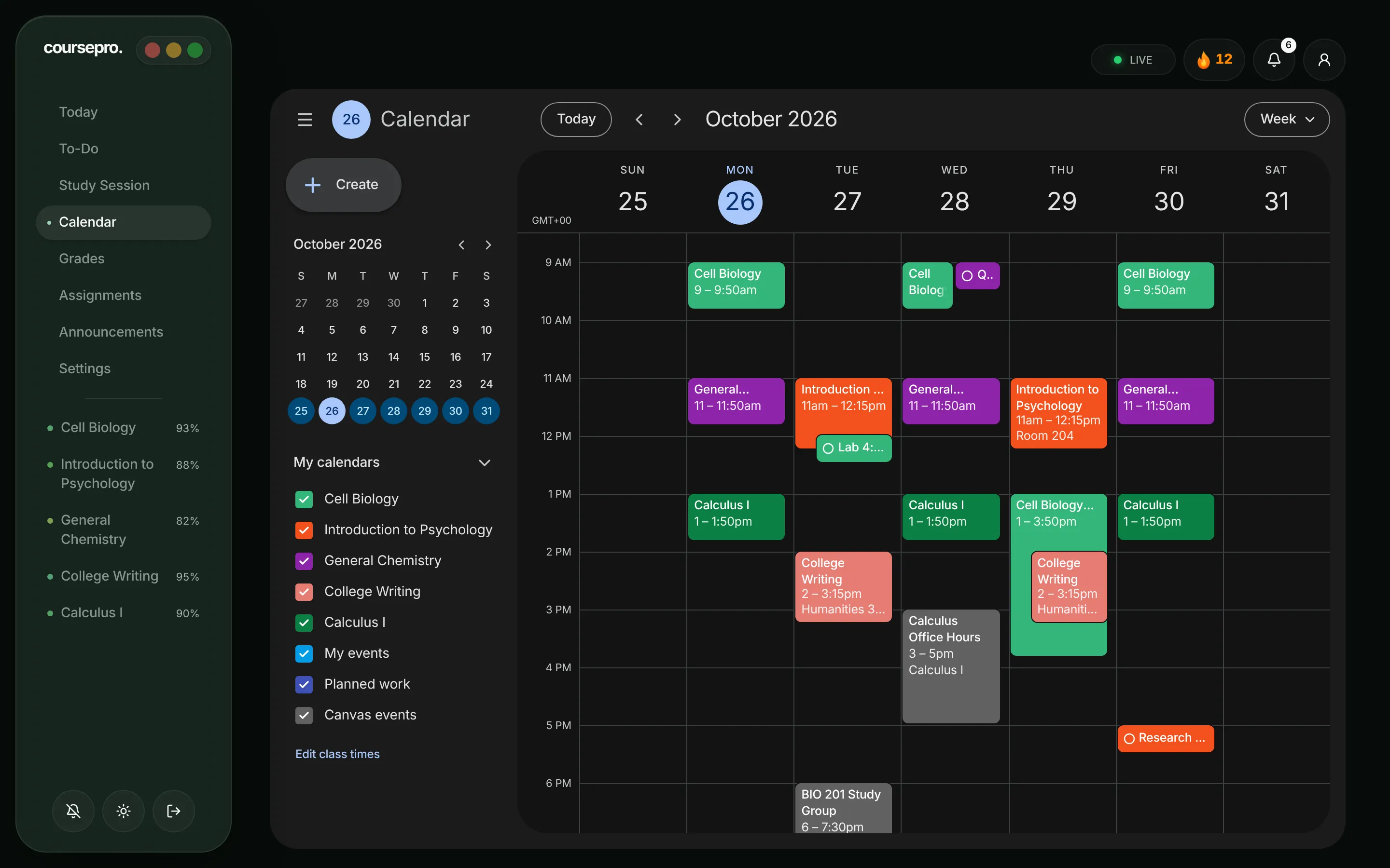 The Calendar in week view, with each class in its own color and due dates on their days.
