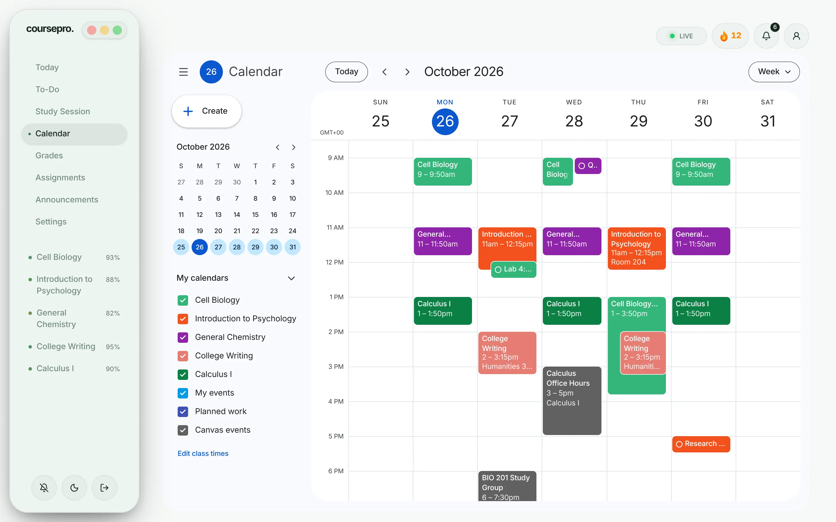 The Calendar in week view, with each class in its own color and due dates on their days.