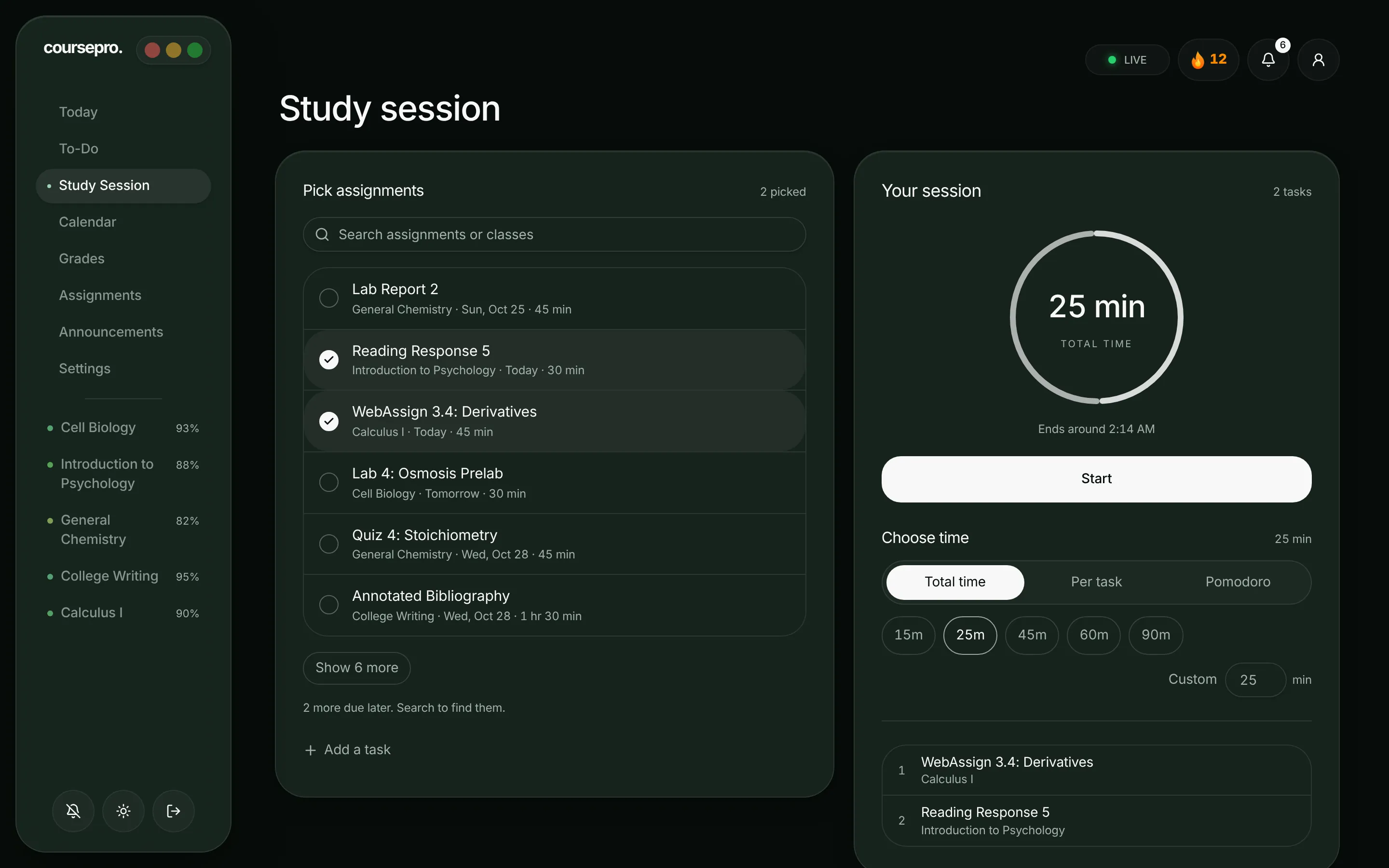 The Study Session page: assignments picked on the left, the session timer and Start on the right.