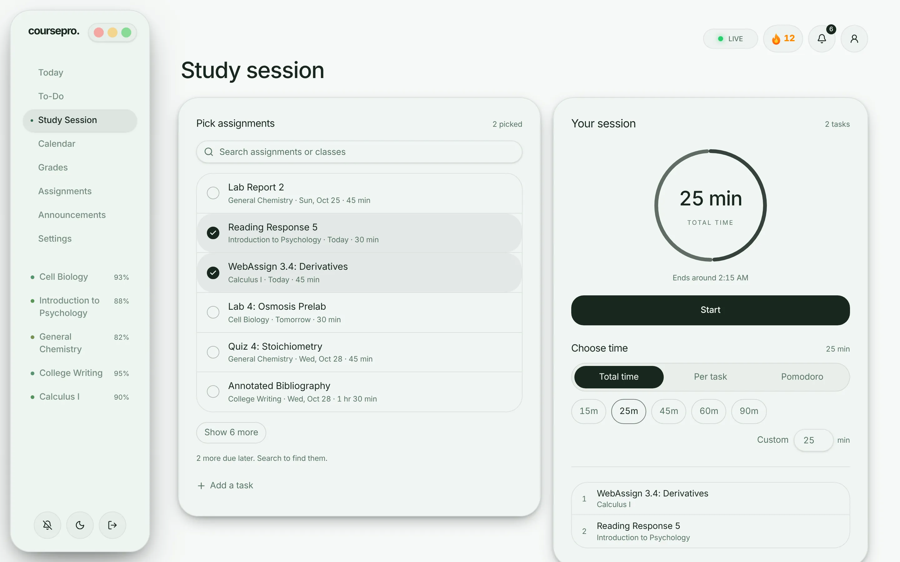 The Study Session page: assignments picked on the left, the session timer and Start on the right.